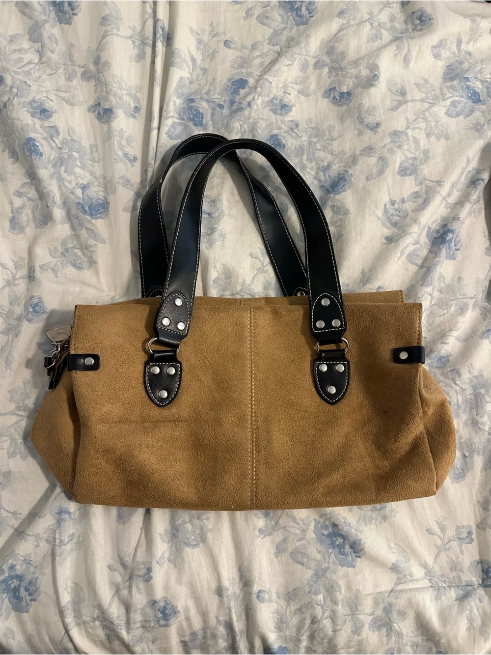 St. John's Bay Tan Suede Shoulder Tote with Black Handles